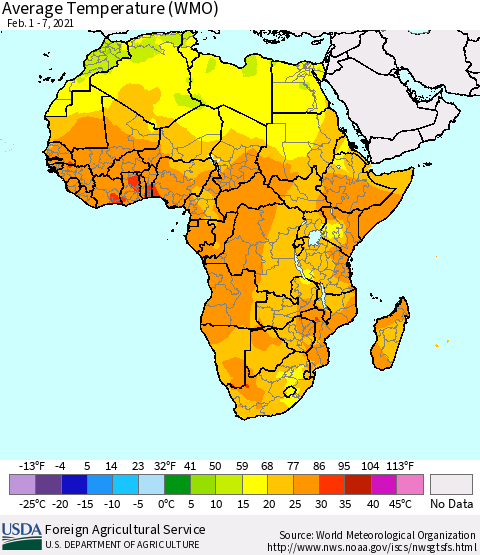 Africa Average Temperature (WMO) Thematic Map For 2/1/2021 - 2/7/2021