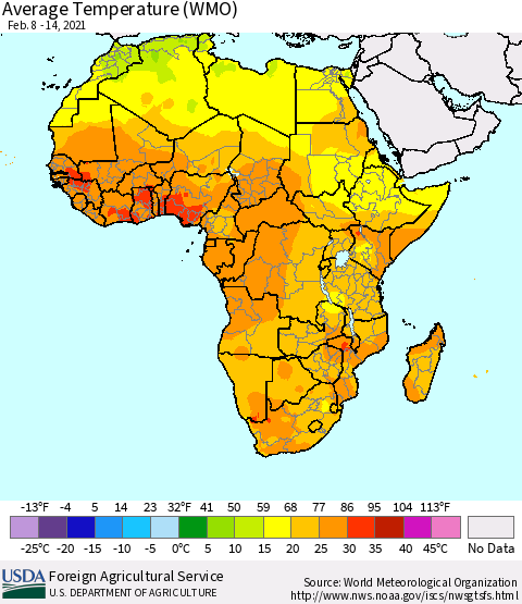 Africa Average Temperature (WMO) Thematic Map For 2/8/2021 - 2/14/2021