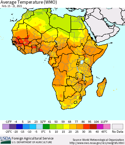 Africa Average Temperature (WMO) Thematic Map For 2/15/2021 - 2/21/2021
