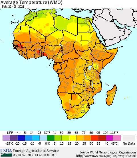 Africa Average Temperature (WMO) Thematic Map For 2/22/2021 - 2/28/2021