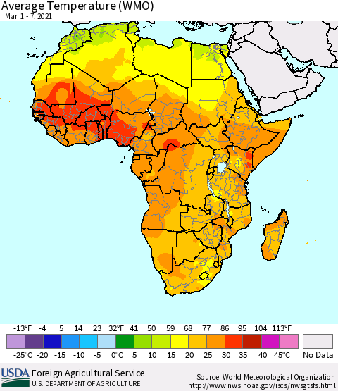 Africa Average Temperature (WMO) Thematic Map For 3/1/2021 - 3/7/2021