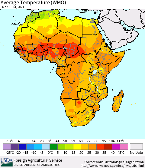 Africa Average Temperature (WMO) Thematic Map For 3/8/2021 - 3/14/2021