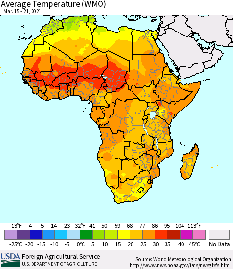 Africa Average Temperature (WMO) Thematic Map For 3/15/2021 - 3/21/2021