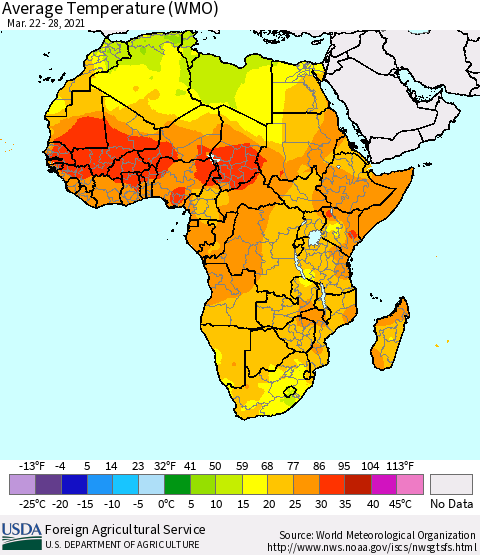 Africa Average Temperature (WMO) Thematic Map For 3/22/2021 - 3/28/2021