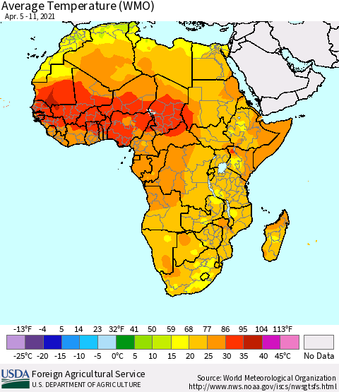 Africa Average Temperature (WMO) Thematic Map For 4/5/2021 - 4/11/2021