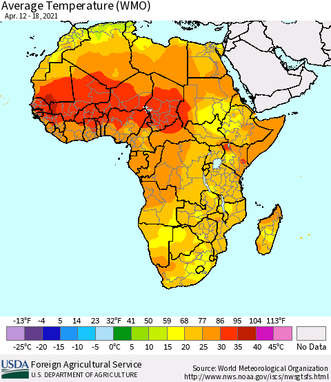 Africa Average Temperature (WMO) Thematic Map For 4/12/2021 - 4/18/2021