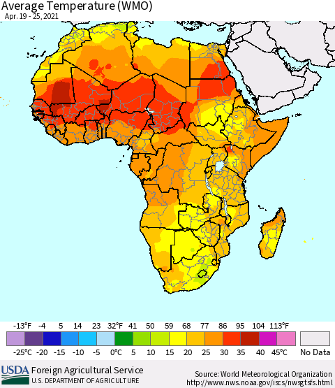 Africa Average Temperature (WMO) Thematic Map For 4/19/2021 - 4/25/2021