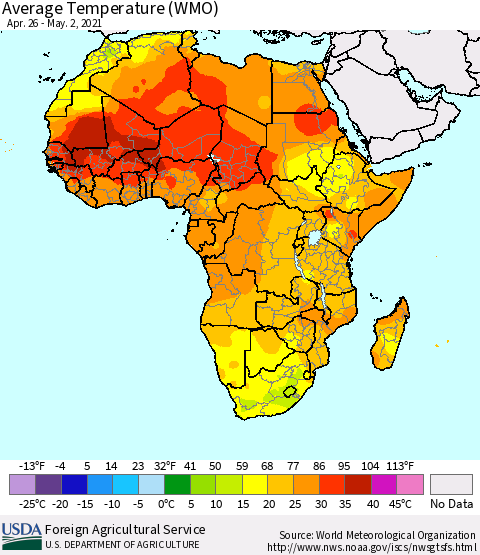 Africa Average Temperature (WMO) Thematic Map For 4/26/2021 - 5/2/2021