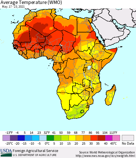 Africa Average Temperature (WMO) Thematic Map For 5/17/2021 - 5/23/2021