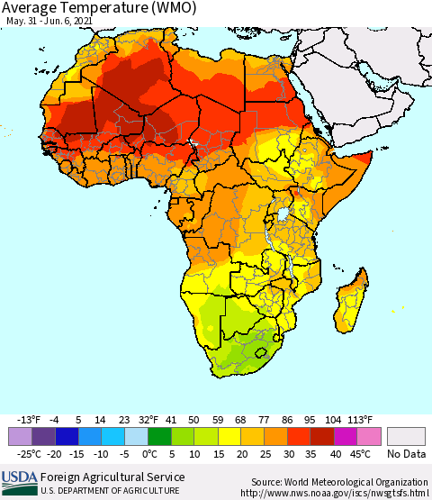 Africa Average Temperature (WMO) Thematic Map For 5/31/2021 - 6/6/2021