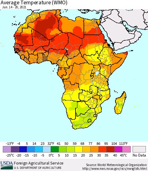 Africa Average Temperature (WMO) Thematic Map For 6/14/2021 - 6/20/2021