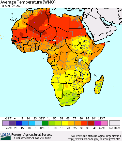 Africa Average Temperature (WMO) Thematic Map For 6/21/2021 - 6/27/2021