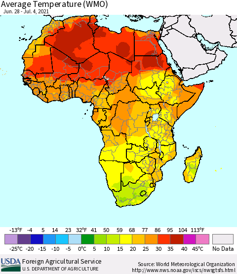 Africa Average Temperature (WMO) Thematic Map For 6/28/2021 - 7/4/2021