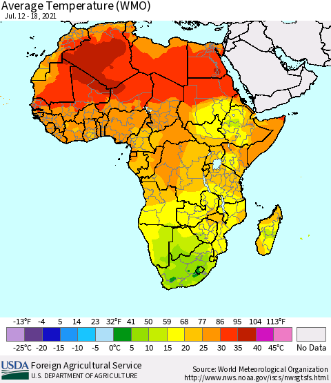 Africa Average Temperature (WMO) Thematic Map For 7/12/2021 - 7/18/2021