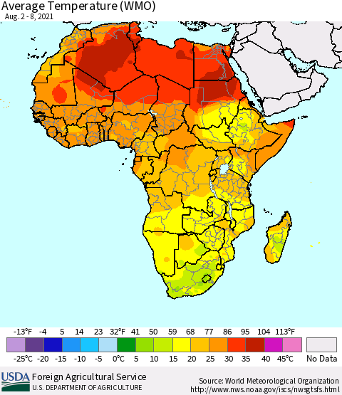 Africa Average Temperature (WMO) Thematic Map For 8/2/2021 - 8/8/2021
