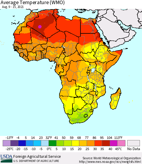 Africa Average Temperature (WMO) Thematic Map For 8/9/2021 - 8/15/2021