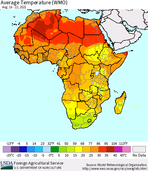 Africa Average Temperature (WMO) Thematic Map For 8/16/2021 - 8/22/2021
