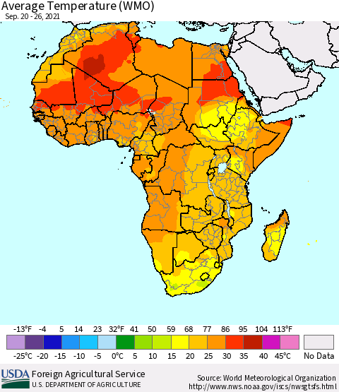Africa Average Temperature (WMO) Thematic Map For 9/20/2021 - 9/26/2021