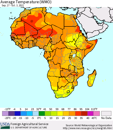 Africa Average Temperature (WMO) Thematic Map For 9/27/2021 - 10/3/2021