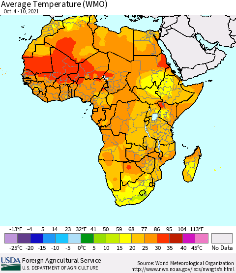 Africa Average Temperature (WMO) Thematic Map For 10/4/2021 - 10/10/2021