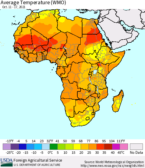 Africa Average Temperature (WMO) Thematic Map For 10/11/2021 - 10/17/2021