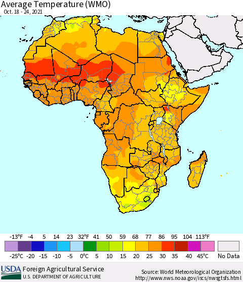 Africa Average Temperature (WMO) Thematic Map For 10/18/2021 - 10/24/2021