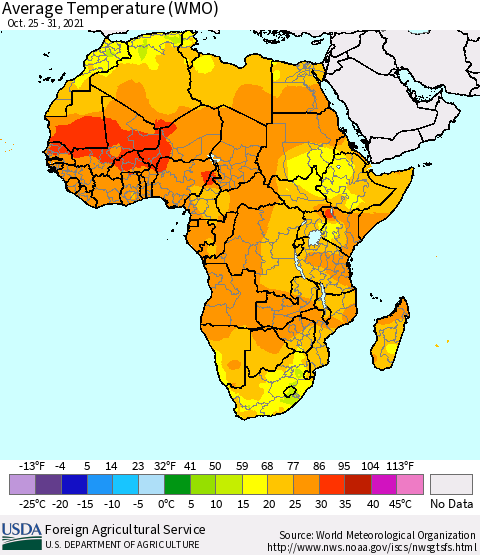 Africa Average Temperature (WMO) Thematic Map For 10/25/2021 - 10/31/2021
