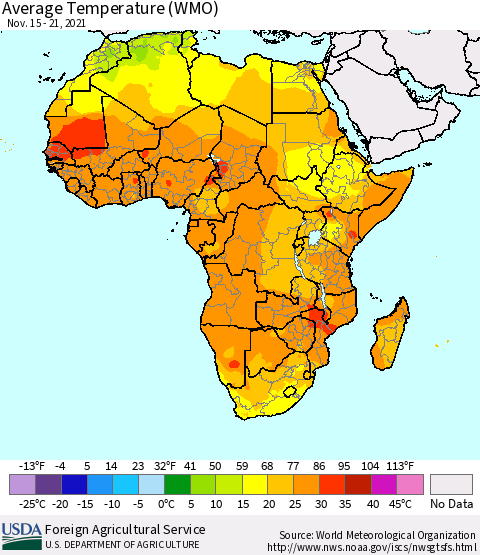 Africa Average Temperature (WMO) Thematic Map For 11/15/2021 - 11/21/2021