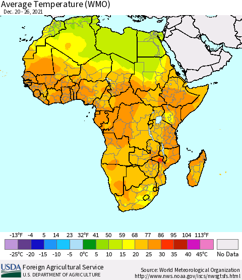 Africa Average Temperature (WMO) Thematic Map For 12/20/2021 - 12/26/2021