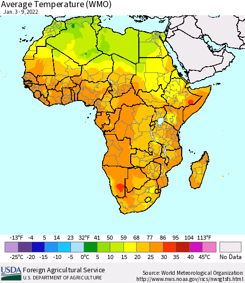 Africa Average Temperature (WMO) Thematic Map For 1/3/2022 - 1/9/2022