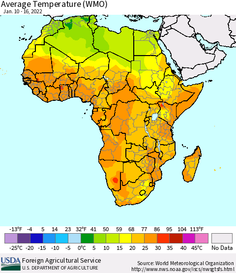 Africa Average Temperature (WMO) Thematic Map For 1/10/2022 - 1/16/2022