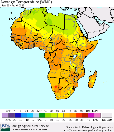 Africa Average Temperature (WMO) Thematic Map For 1/31/2022 - 2/6/2022