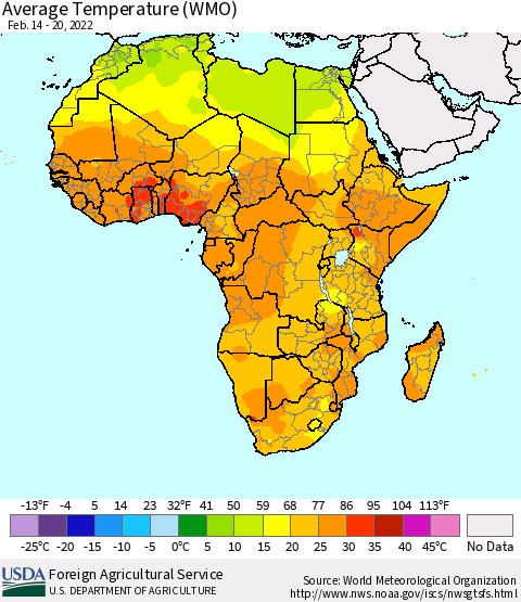 Africa Average Temperature (WMO) Thematic Map For 2/14/2022 - 2/20/2022