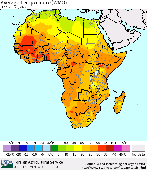 Africa Average Temperature (WMO) Thematic Map For 2/21/2022 - 2/27/2022