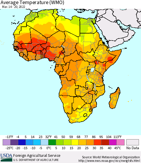 Africa Average Temperature (WMO) Thematic Map For 3/14/2022 - 3/20/2022