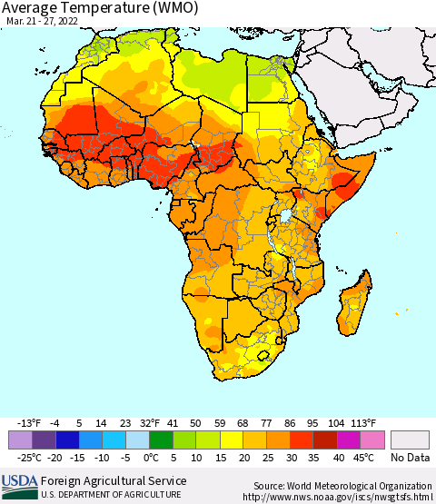 Africa Average Temperature (WMO) Thematic Map For 3/21/2022 - 3/27/2022