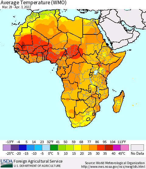 Africa Average Temperature (WMO) Thematic Map For 3/28/2022 - 4/3/2022