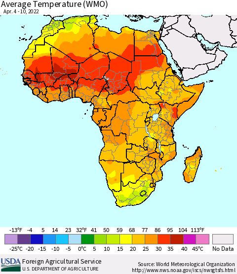 Africa Average Temperature (WMO) Thematic Map For 4/4/2022 - 4/10/2022