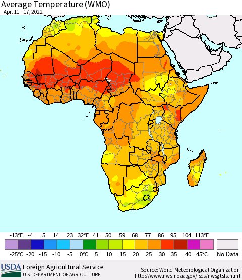 Africa Average Temperature (WMO) Thematic Map For 4/11/2022 - 4/17/2022