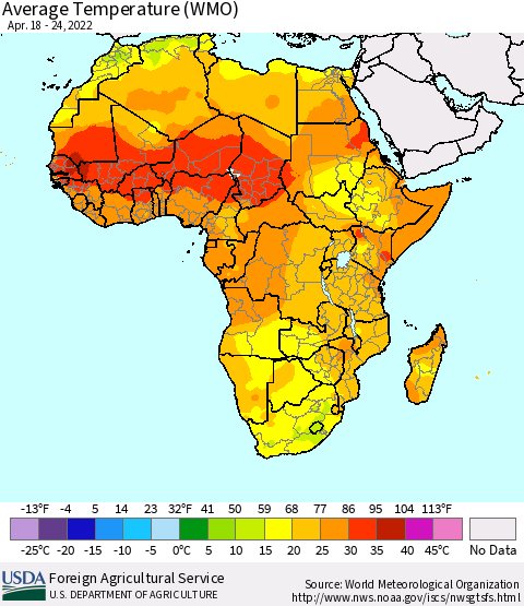 Africa Average Temperature (WMO) Thematic Map For 4/18/2022 - 4/24/2022