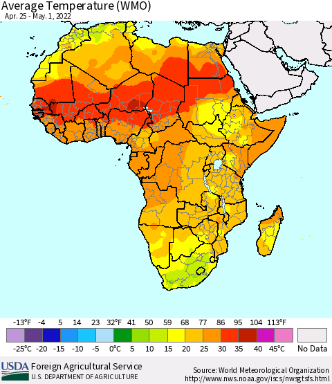 Africa Average Temperature (WMO) Thematic Map For 4/25/2022 - 5/1/2022