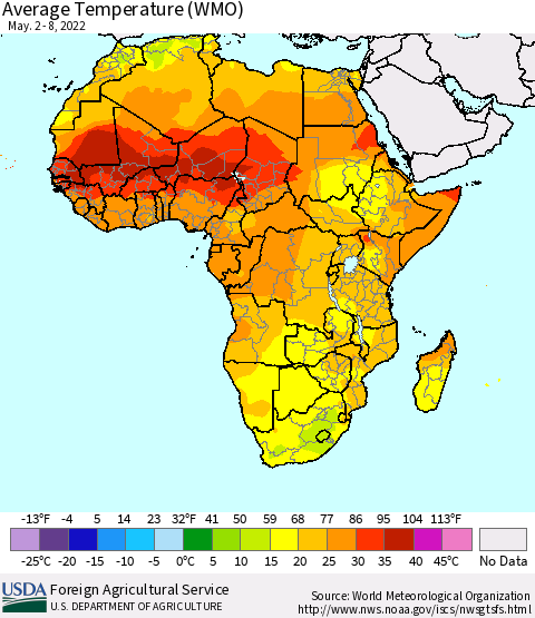 Africa Average Temperature (WMO) Thematic Map For 5/2/2022 - 5/8/2022