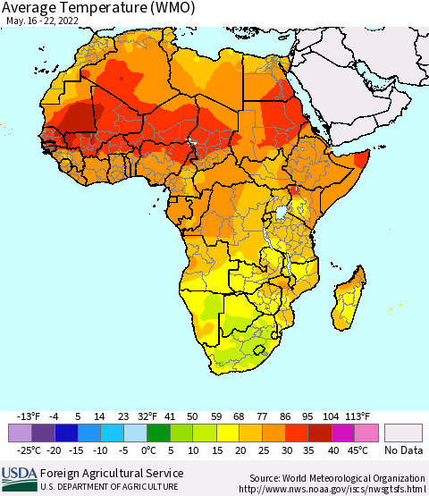 Africa Average Temperature (WMO) Thematic Map For 5/16/2022 - 5/22/2022