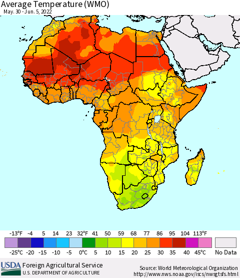 Africa Average Temperature (WMO) Thematic Map For 5/30/2022 - 6/5/2022