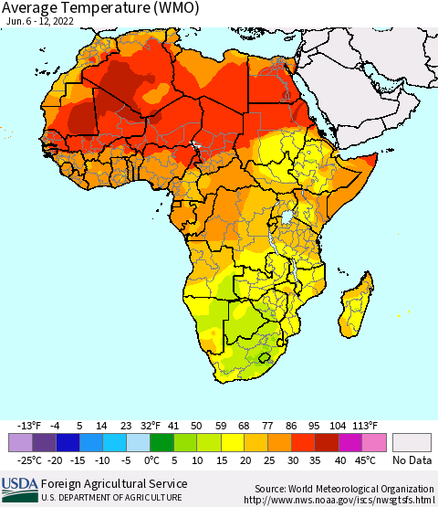 Africa Average Temperature (WMO) Thematic Map For 6/6/2022 - 6/12/2022