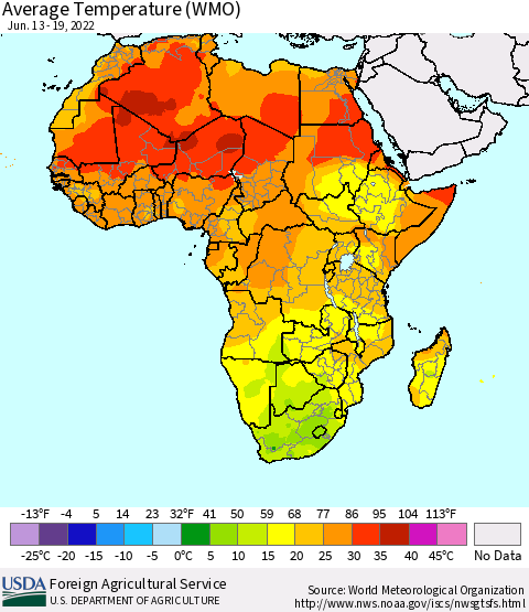 Africa Average Temperature (WMO) Thematic Map For 6/13/2022 - 6/19/2022