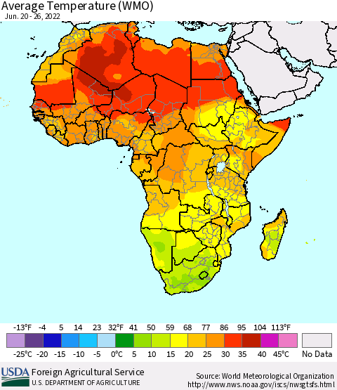 Africa Average Temperature (WMO) Thematic Map For 6/20/2022 - 6/26/2022