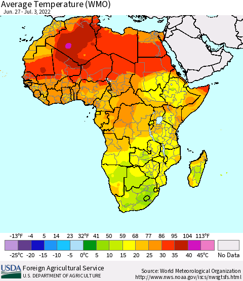 Africa Average Temperature (WMO) Thematic Map For 6/27/2022 - 7/3/2022