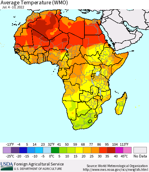 Africa Average Temperature (WMO) Thematic Map For 7/4/2022 - 7/10/2022