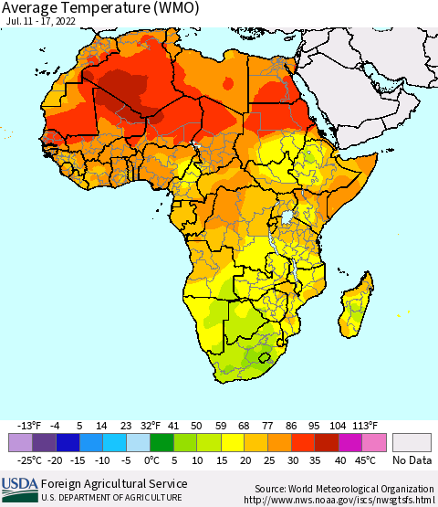 Africa Average Temperature (WMO) Thematic Map For 7/11/2022 - 7/17/2022